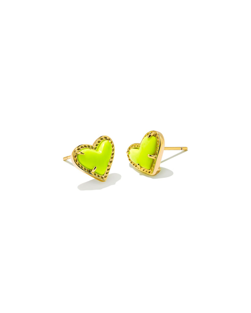 Ari Heart Gold Stud Earrings in Neon Yellow