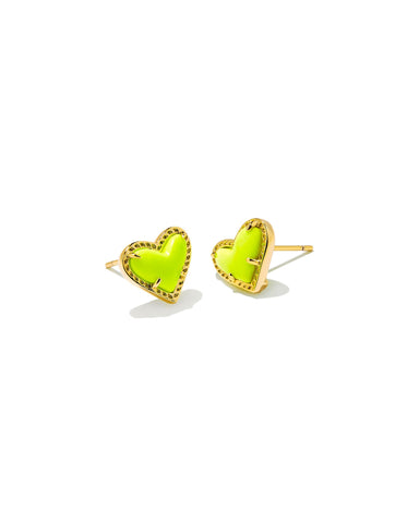 Ari Heart Gold Stud Earrings in Neon Yellow