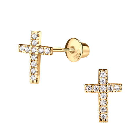 White CZ Gold Plated Cross Stud Earrings