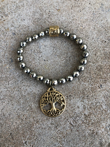 Pyrite Stretch Bracelet with Large Gold Tree of Life Charm