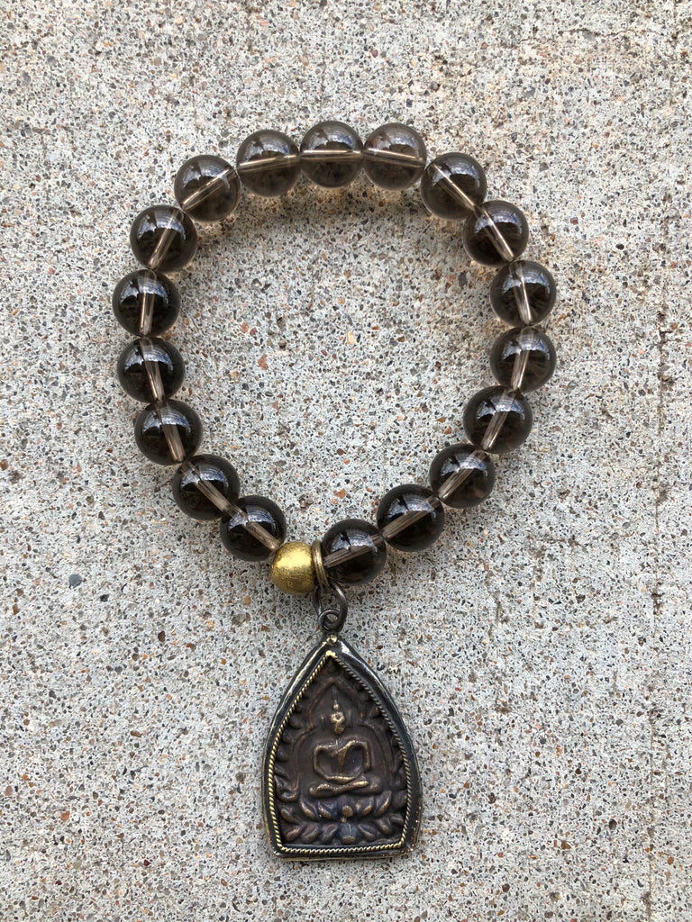 Clear Smoky Quartz Stretch Bracelet with Brass Charm Michele Jewelry