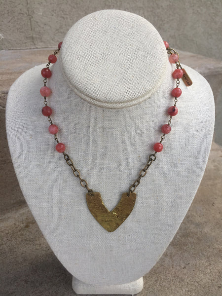 Strawberry Jade Necklace with Brass Pendant