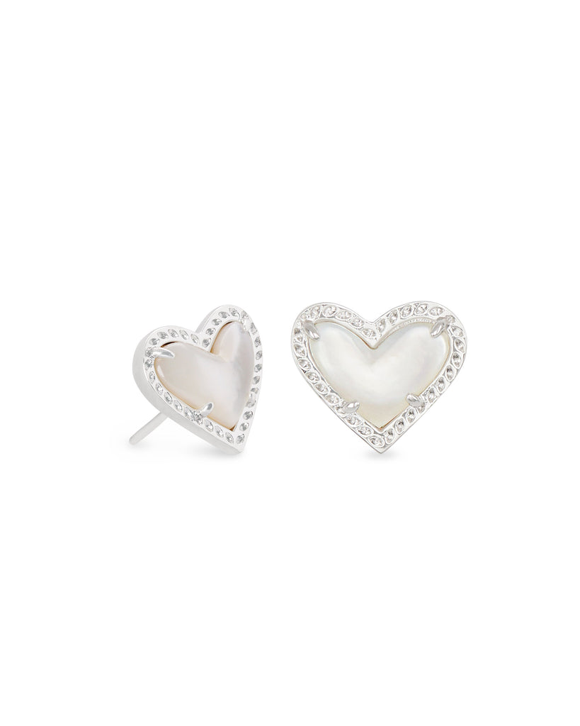Ari Heart Silver Stud Earrings in Ivory Mother of Pearl