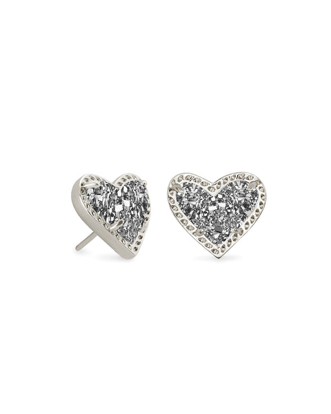 Ari Heart Silver Stud Earrings in Platinum Drusy