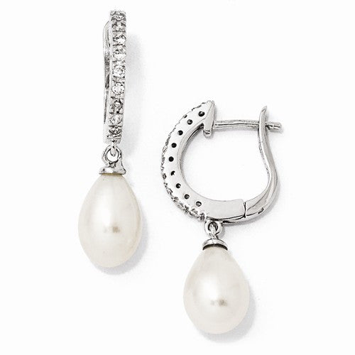 Sterling Silver CZ FW Cultured Pearl Leverback Dangle Earring