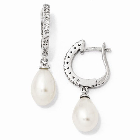 Sterling Silver CZ FW Cultured Pearl Leverback Dangle Earring