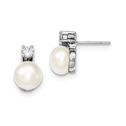 Sterling Silver Rhodium Plated 7-8mm White Fresh Water Cultured Pearl CZ Post Earrings