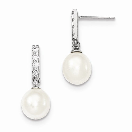 Sterling Silver 8-9mm White Fresh Water Cultured Pearl CZ Post Dangle
