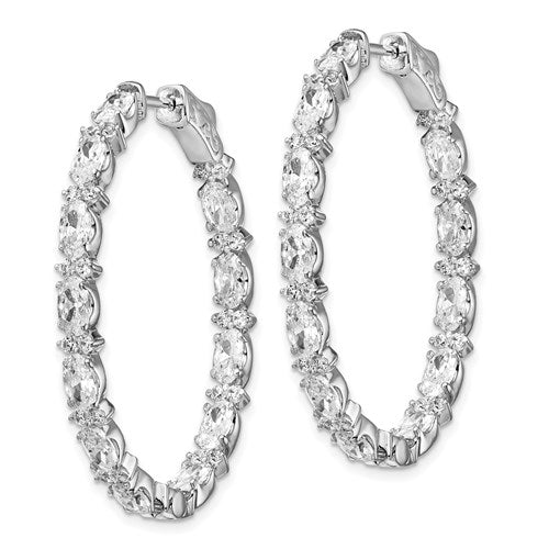 Sterling Silver Rhodium-Plated Fancy CZ In And Out Oval Hoop Earrings