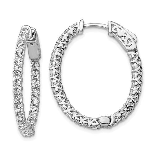 Sterling Silver Rhodium Plated CZ In And Out Oval Hoop Earrings