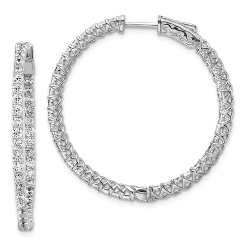 Sterling Silver Rhodium-Plated CZ 78 Stones In And Out Hinged Hoop Earrings