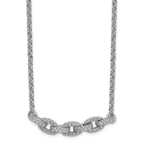Sterling Silver Rhodium-Plated CZ Oval Link With 2in Choker Necklace