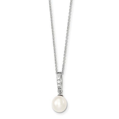 Sterling Silver Rhodium Plated 8-9mm White Fresh Water Cultured Pearl CZ Necklace