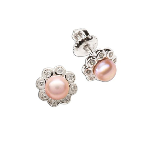 Sterling Silver Pink Pearl & CZ Button Earrings