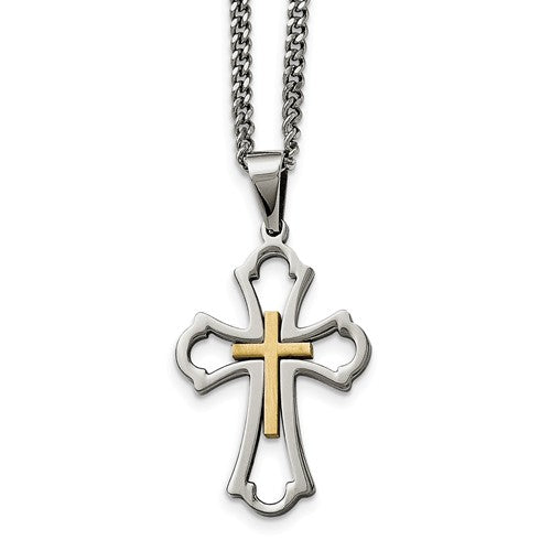 Stainless Steel Yellow IP-Plated Cross Brushed/Polished Necklace