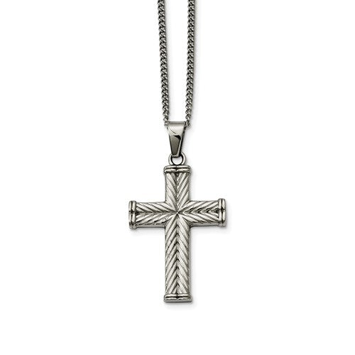 Stainless Steel Fancy Textured Cross Pendant Necklace