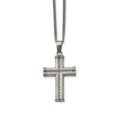 Stainless Steel Fancy Textured Cross Pendant Necklace