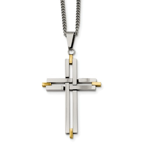 Stainless Steel Polished And Yellow IP-Plated Cross Necklace